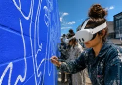 Artists in Meta Quest headsets painting a blue mural together