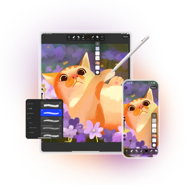 The built-in digital canvas with layers and brushes